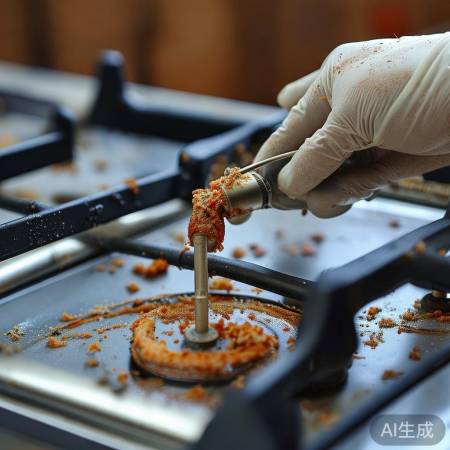 燃气灶喷嘴堵塞,用细铁丝清理