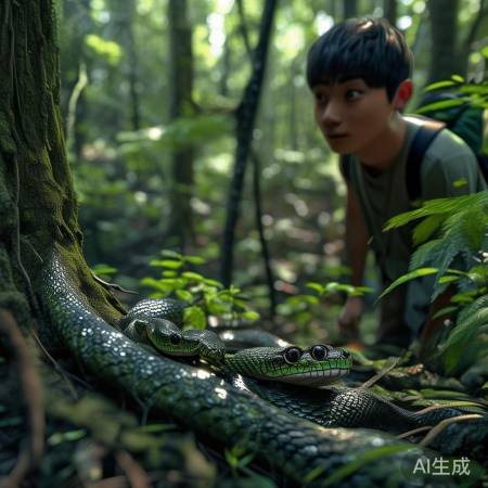 小李采蘑菇遇蝮蛇不慌张